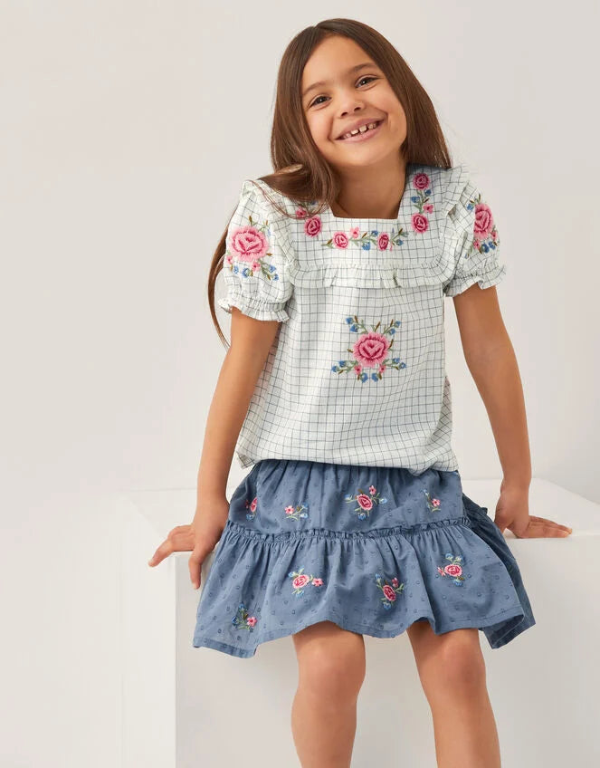 Floral Embroidered Check Blouse & Skirt Set – Cute, Comfy & Perfect for Your Little One!